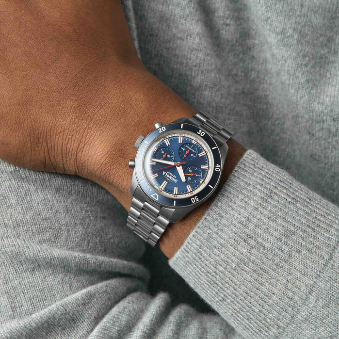 Shinola Mooncraft Monster Mechanical Chrono 43mm Sea Blue SS Limited Edition angled shot picture