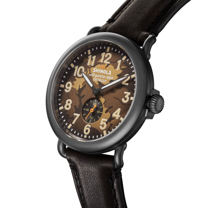 Shinola Runwell Sub Second 41mm Camo Oak Black Leather angled shot picture