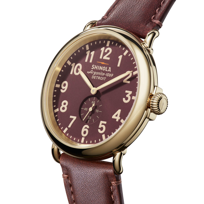 Shinola Runwell Sub Second 47mm Gold Oxblood Leather angled shot picture