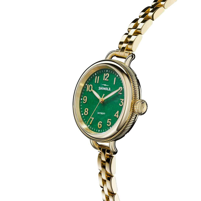 Shinola The Birdy 34mm Gold Green Aventurine angled shot picture