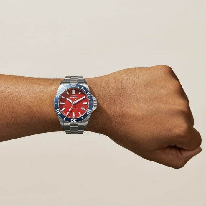 Shinola The Harbor Monster 43mm Automatic Red Blue angled shot picture