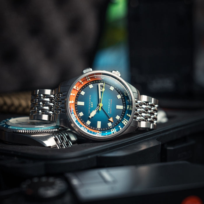 Spinnaker Bradner GMT Automatic Orange Blue angled shot picture