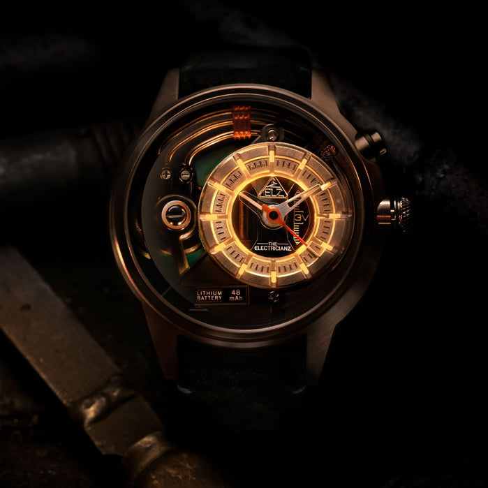 The Electricianz Cazino 45mm Rose Gold Green angled shot picture