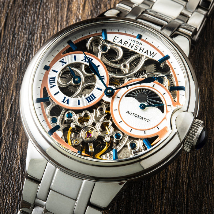 Thomas Earnshaw Barallier Sun Moon Dual Time Automatic Skeleton Regiment White angled shot picture