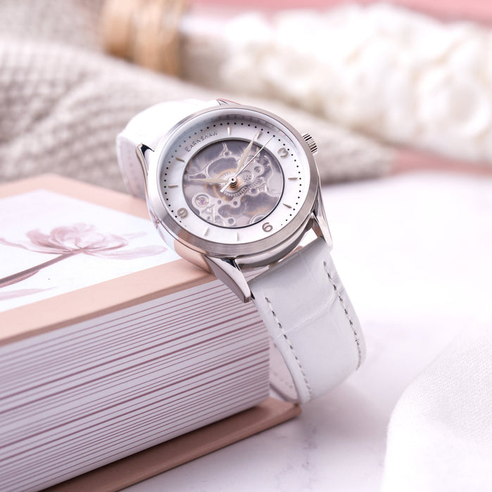 Thomas Earnshaw Ladies Isabella Skeleton Automatic 3 Hands Mother Of Pearl White angled shot picture