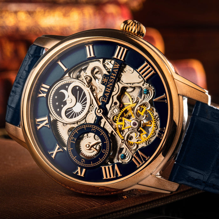 Thomas Earnshaw Longitude Automatic Skeleton Blue Rose Gold angled shot picture