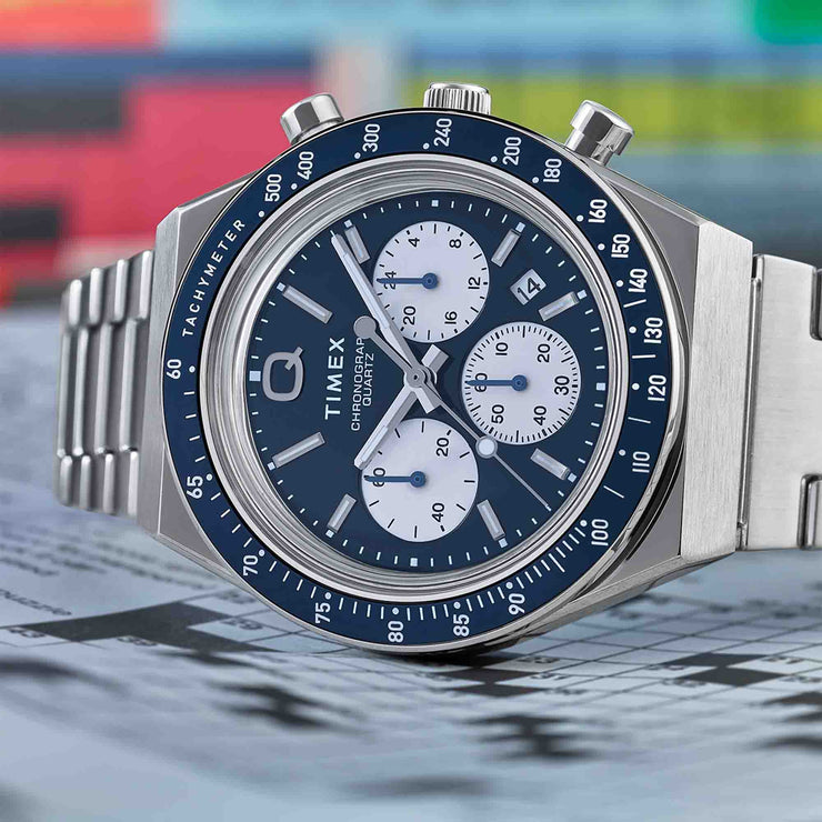 Timex 1970's Q Chronograph 40mm Blue SS - Watches.com - TW2W51600VQ