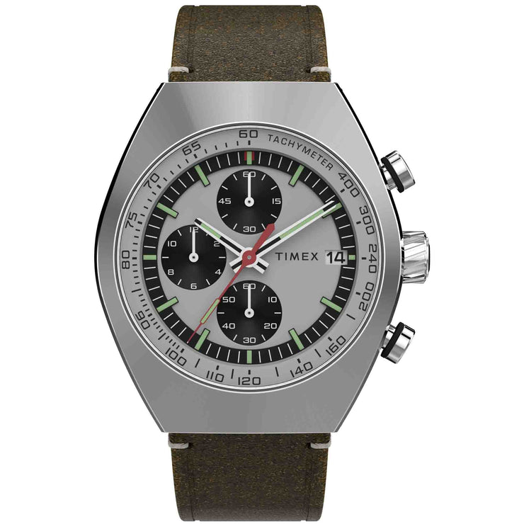 Timex Legacy Tonneau Chronograph 42mm Silver Brown - Watches.com - TW2W50100VQ