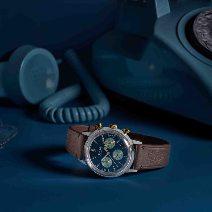 Timex Marlin Chronograph Tachymeter 40mm Blue Brown angled shot picture