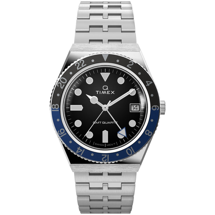 Timex Q GMT 38mm Black Blue SS - Watches.com - TW2V38100VQ