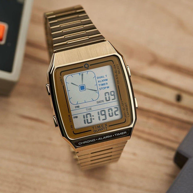 Timex Q LCA Reissue Digital 33mm Gold - Watches.com - TW2U72500