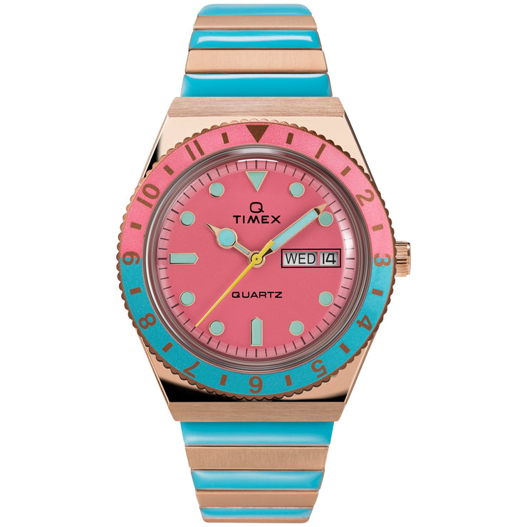 Timex Q Malibu Blue Pink Gold SS - Watches.com - TW2U81500