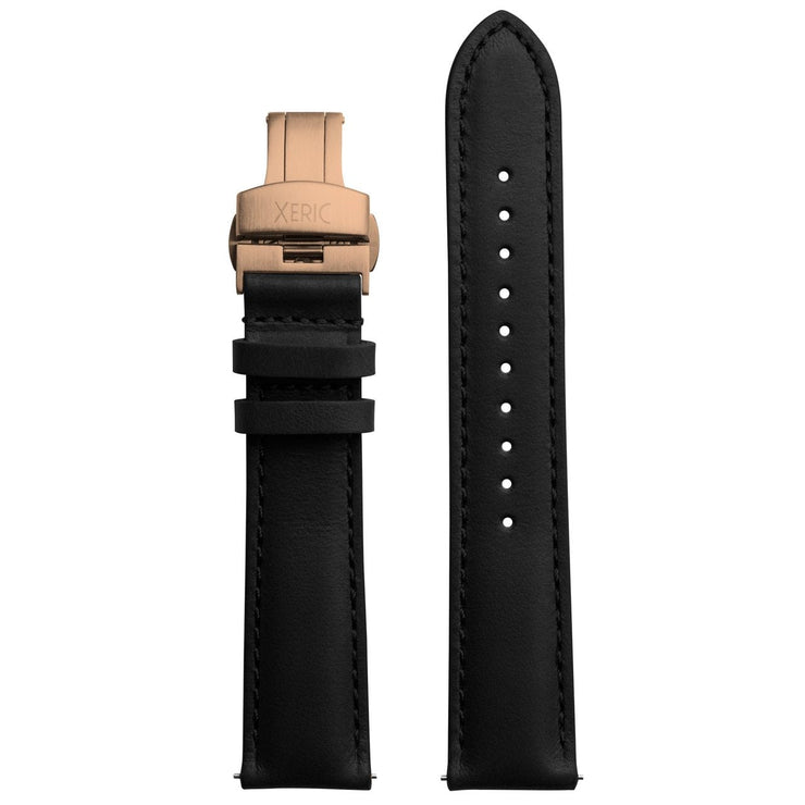 Xeric 20mm Horween Chromexcel Leather Black Strap Rose Gold Deployant Clasp - Watches.com - XRC - DEP - 20 - BKRG