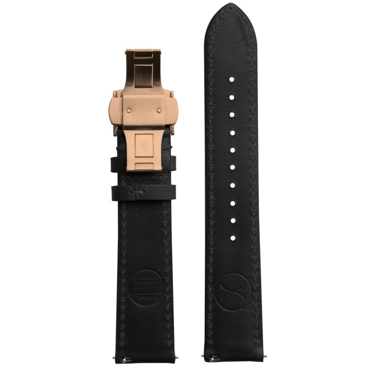 Xeric 20mm Horween Chromexcel Leather Black Strap Rose Gold Deployant Clasp - Watches.com - XRC - DEP - 20 - BKRG