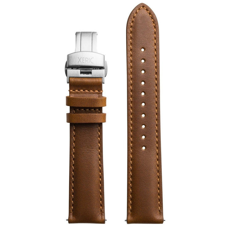 Xeric 20mm Horween Chromexcel Leather Tan Strap Silver Deployant Clasp - Watches.com - XRC - DEP - 20 - TNSV