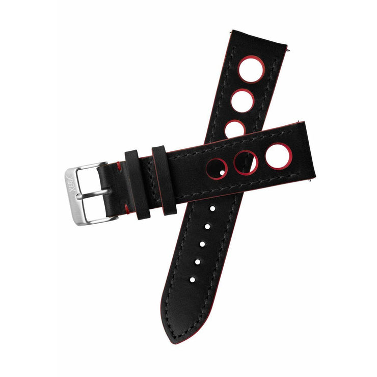 Xeric 20mm Horween Leather Rally Black Red Strap Silver Buckle - Watches.com - XRC - RLY - 20 - BKRD