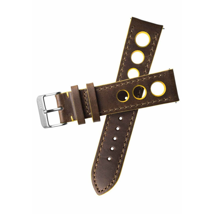 Xeric 20mm Horween Leather Rally Brown Yellow Strap Silver Buckle - Watches.com - XRC - RLY - 20 - BRYL