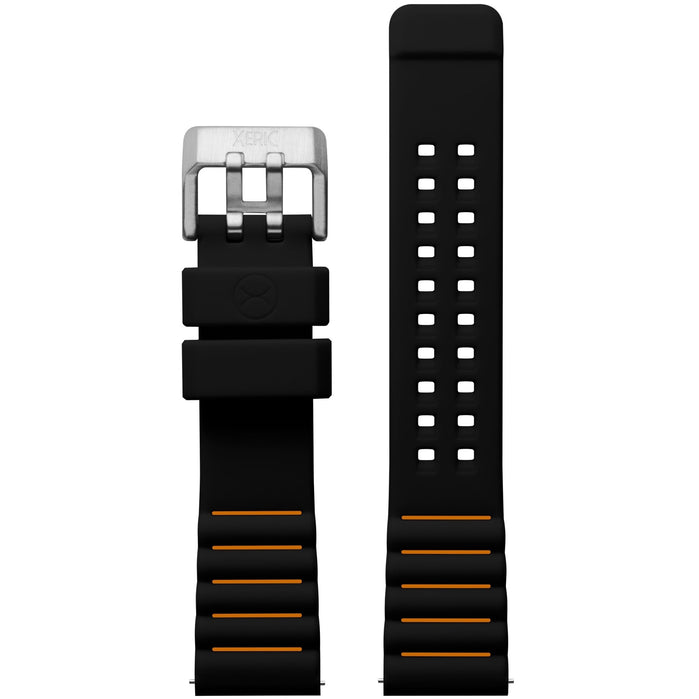 Xeric 22mm Black Orange Silicone Strap Silver Buckle angled shot picture