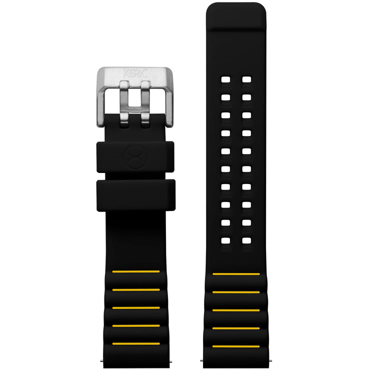 Xeric 22mm Black Yellow Silicone Strap Silver Buckle - Watches.com - XRC - VOY - 22 - BKYL