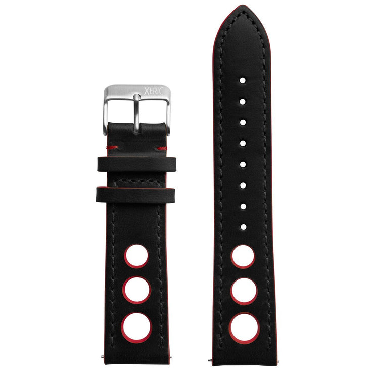 Xeric 22mm Horween Leather Rally Black Red Strap Silver Buckle - Watches.com - XRC - RLY - 22 - BKRD