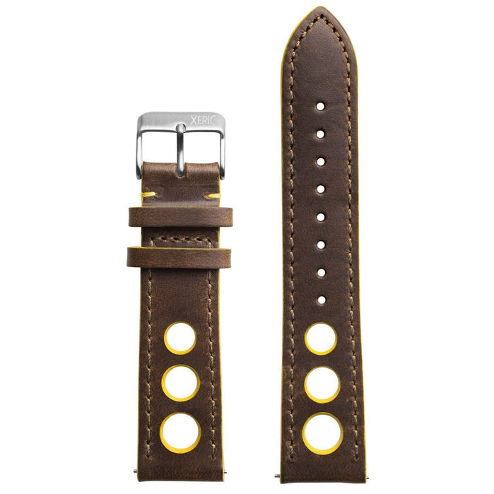 Xeric 22mm Horween Leather Rally Brown Yellow Strap Silver Buckle angled shot picture