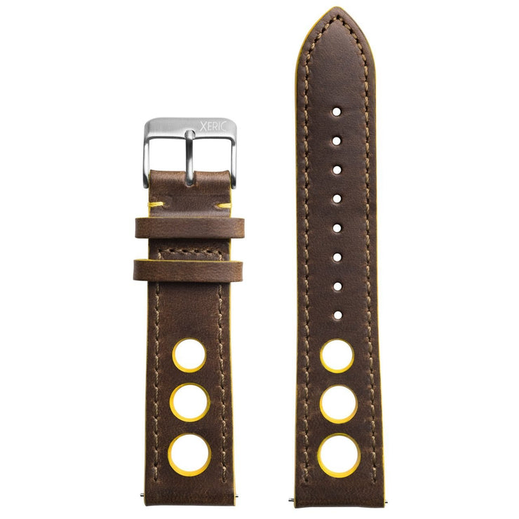 Xeric 22mm Horween Leather Rally Brown Yellow Strap Silver Buckle - Watches.com - XRC - RLY - 22 - BRYL