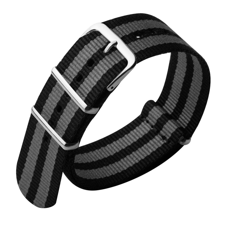 Xeric 22mm Military Strap Black Grey Stripes with Silver Hardware - Watches.com - XRC - NATO - 22 - BGSV