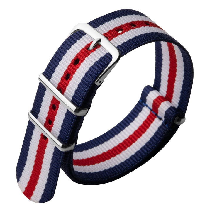 Xeric 22mm Military Strap Red White Blue with Silver Hardware - Watches.com - XRC - NATO - 22 - RWBSV