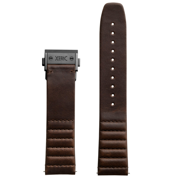 Xeric 22mm Ribbed Horween Leather Brown Strap with Gunmetal Deployant Clasp - Watches.com - XRC - TDC - 22 - BRGN