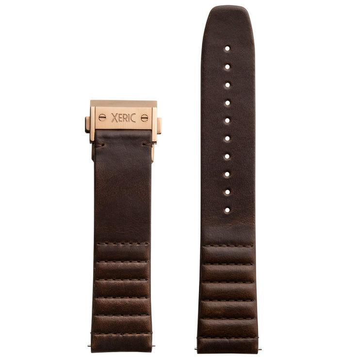 Xeric 22mm Ribbed Horween Leather Brown Strap with Rose Gold Deployant Clasp - Watches.com - XRC - TDC - 22 - BRRG