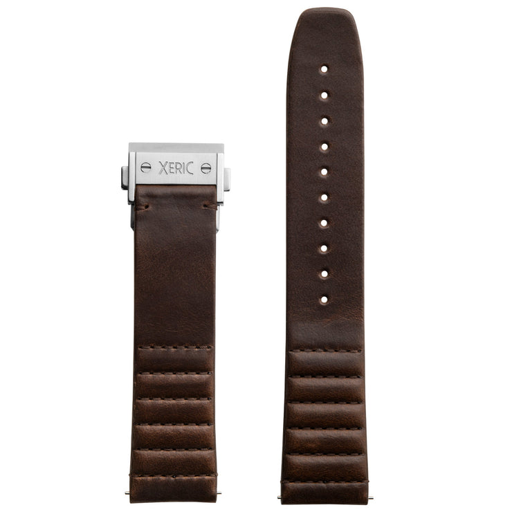 Xeric 22mm Ribbed Horween Leather Brown Strap with Silver Deployant Clasp - Watches.com - XRC - TDC - 22 - BRSV