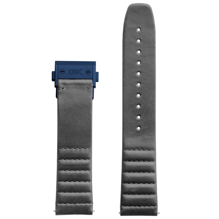 Xeric 22mm Ribbed Italian Leather Gray Strap with Blue Deployant Clasp - Watches.com - XRC - TDC - 22 - GYBL