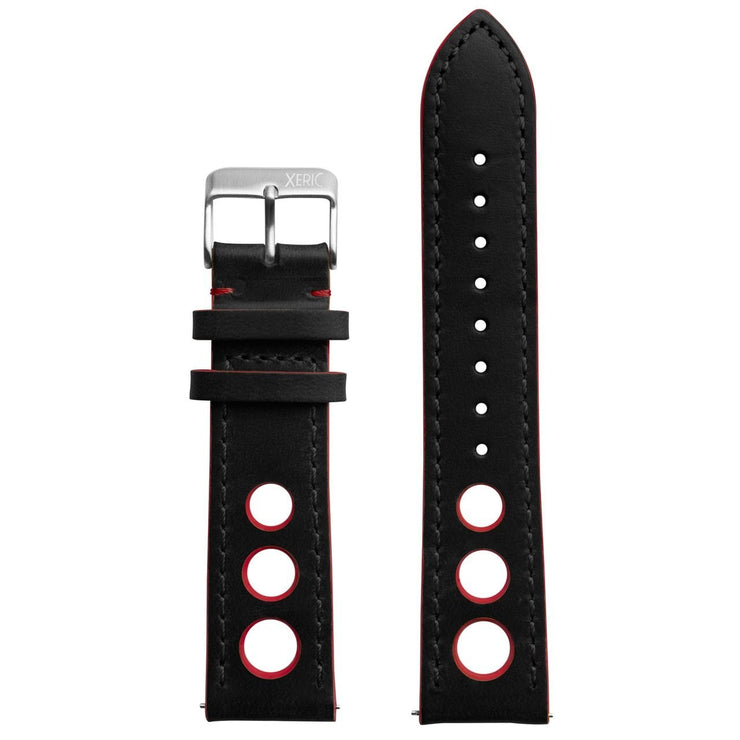 Xeric 24mm Horween Leather Rally Black Red Strap Silver Buckle - Watches.com - XRC - RLY - 24 - BKRD