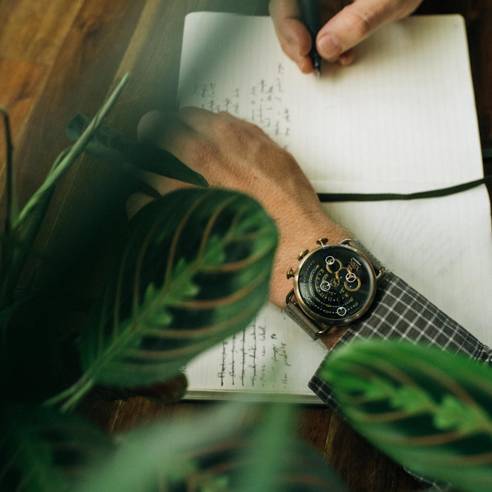 Xeric Halograph Chrono Sapphire Antique Brass angled shot picture