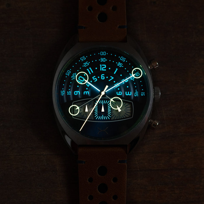 Xeric Halograph III Chrono Blue Tan angled shot picture