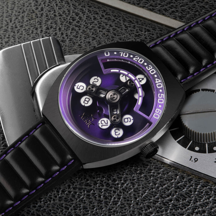 Xeric Scrambler Automatic Wandering Hour Gunmetal Purple angled shot picture