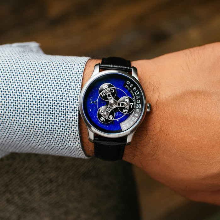 Xeric Triptych Automatic Wandering Hour Stone Edition Lapis Lazuli angled shot picture