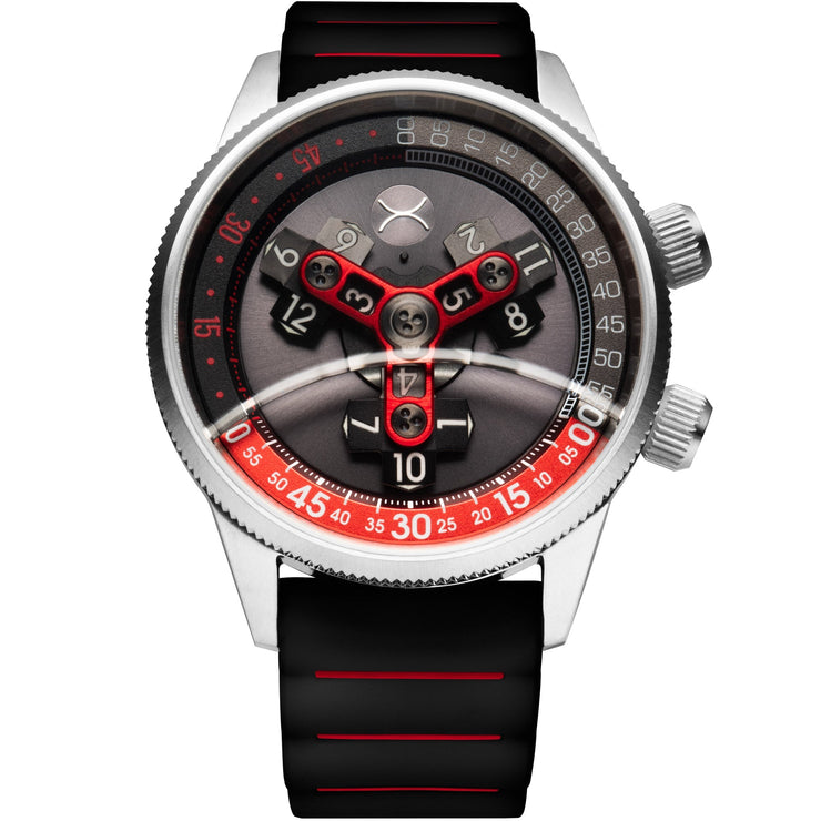 Xeric Vendetta II Automatic Wandering Hour Black Gray Red - Watches.com - V2A - 1128 - 03R