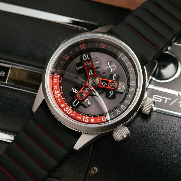 Xeric Vendetta II Automatic Wandering Hour Black Gray Red - Watches.com - V2A - 1128 - 03R