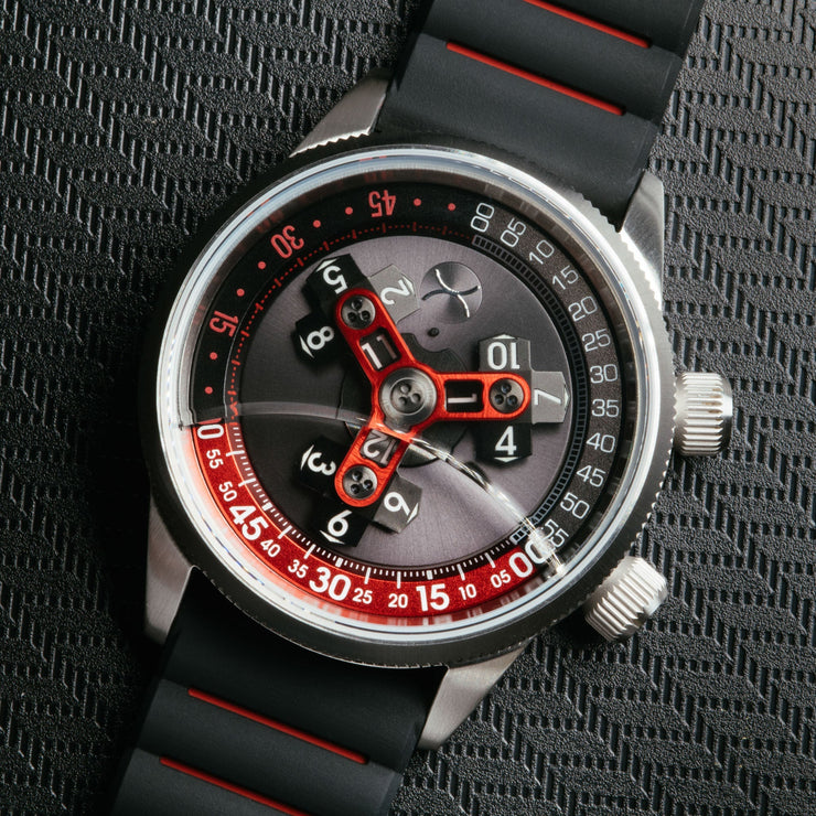 Xeric Vendetta II Automatic Wandering Hour Black Gray Red - Watches.com - V2A - 1128 - 03R