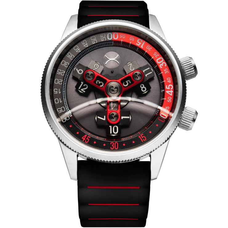 Xeric Vendetta II Automatic Wandering Hour Black Gray Red - Watches.com - V2A - 1128 - 03R