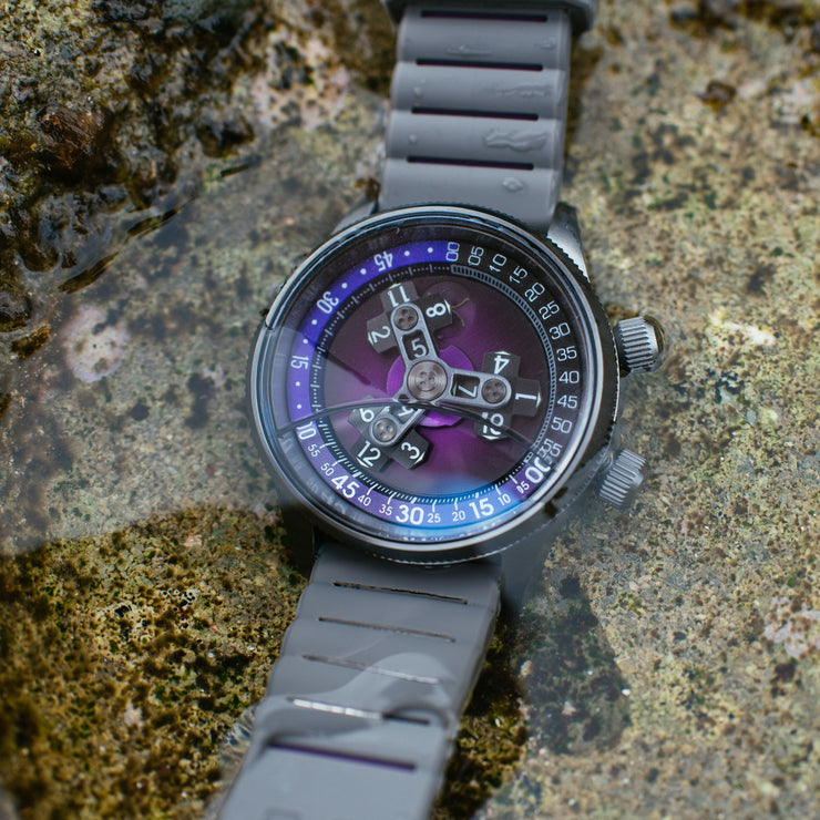 Xeric Vendetta II Automatic Wandering Hour Gunmetal Purple - Watches.com - V2A - 2293 - 11R