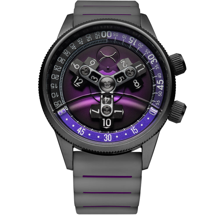 Xeric Vendetta II Automatic Wandering Hour Gunmetal Purple - Watches.com - V2A - 2293 - 11R