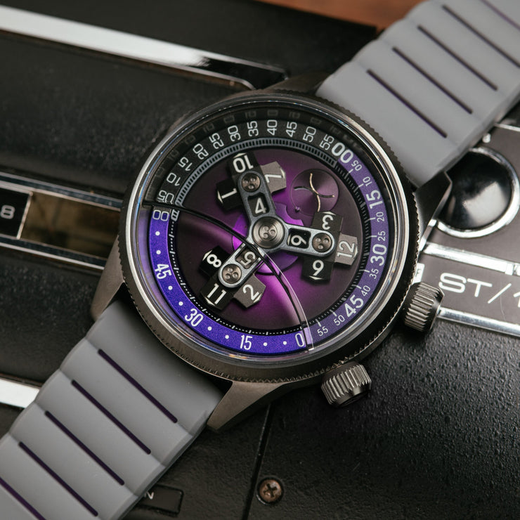 Xeric Vendetta II Automatic Wandering Hour Gunmetal Purple - Watches.com - V2A - 2293 - 11R