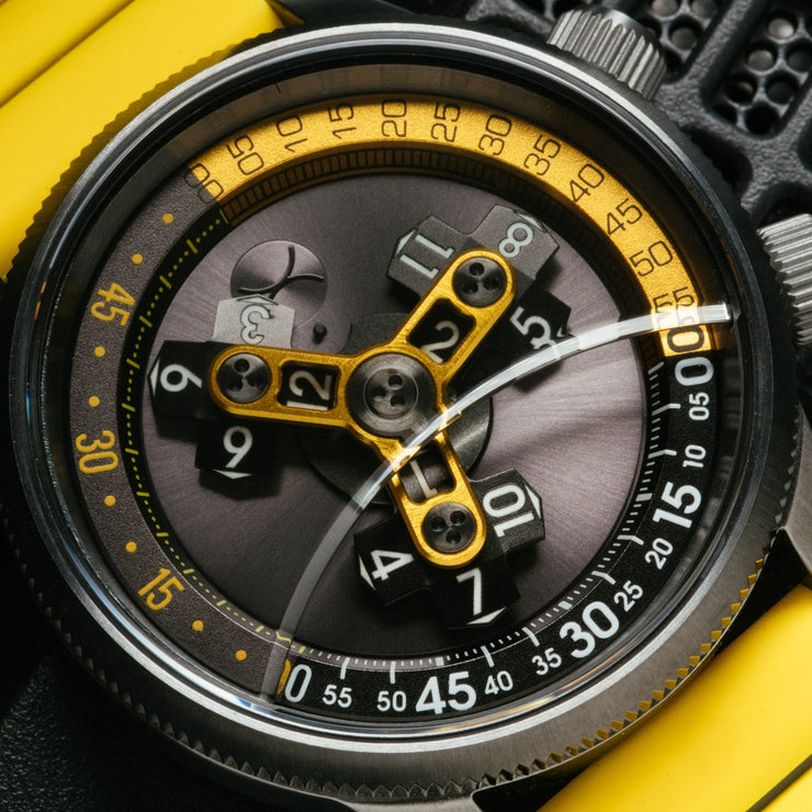 Xeric Vendetta II Automatic Wandering Hour Gunmetal Yellow - Watches.com - V2A - 2292 - 15R