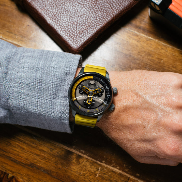 Xeric Vendetta II Automatic Wandering Hour Gunmetal Yellow - Watches.com - V2A - 2292 - 15R