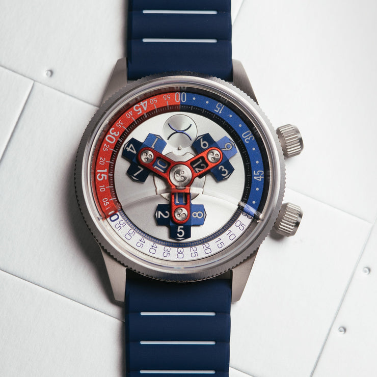 Xeric Vendetta II Automatic Wandering Hour Navy Red - Watches.com - V2A - 1119 - 44R