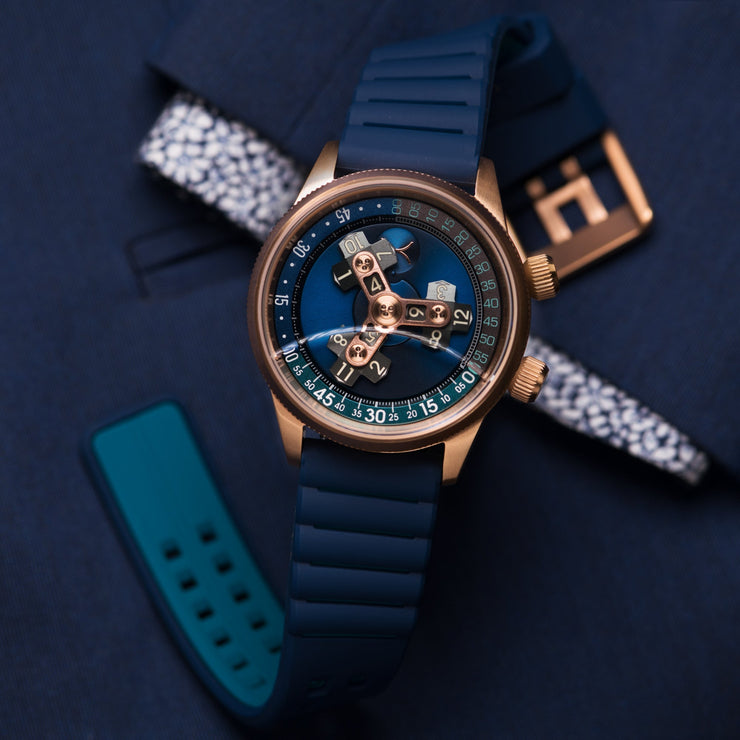 Xeric Vendetta II Automatic Wandering Hour Rose Gold Indigo - Watches.com - V2A - 4479 - 44R