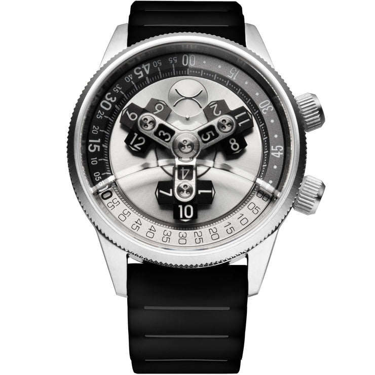 Xeric Vendetta II Automatic Wandering Hour Silver Black - Watches.com - V2A - 1113 - 03R