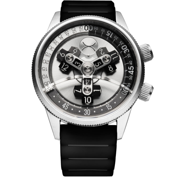 Xeric Vendetta II Automatic Wandering Hour Silver Black - Watches.com - V2A - 1113 - 03R